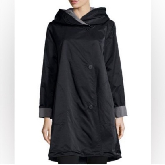 Eileen Fisher Jackets & Blazers - EILEEN FISHER ~ Black and Grey Reversible Button Down Raincoat with Hood